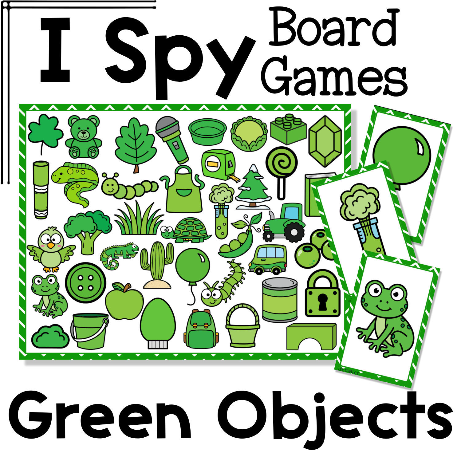 Green objects I Spy board game cover with printable game board and matching cards featuring green themed objects like frog, balloon, broccoli, button, book, and turtle for preschool visual discrimination and color recognition
