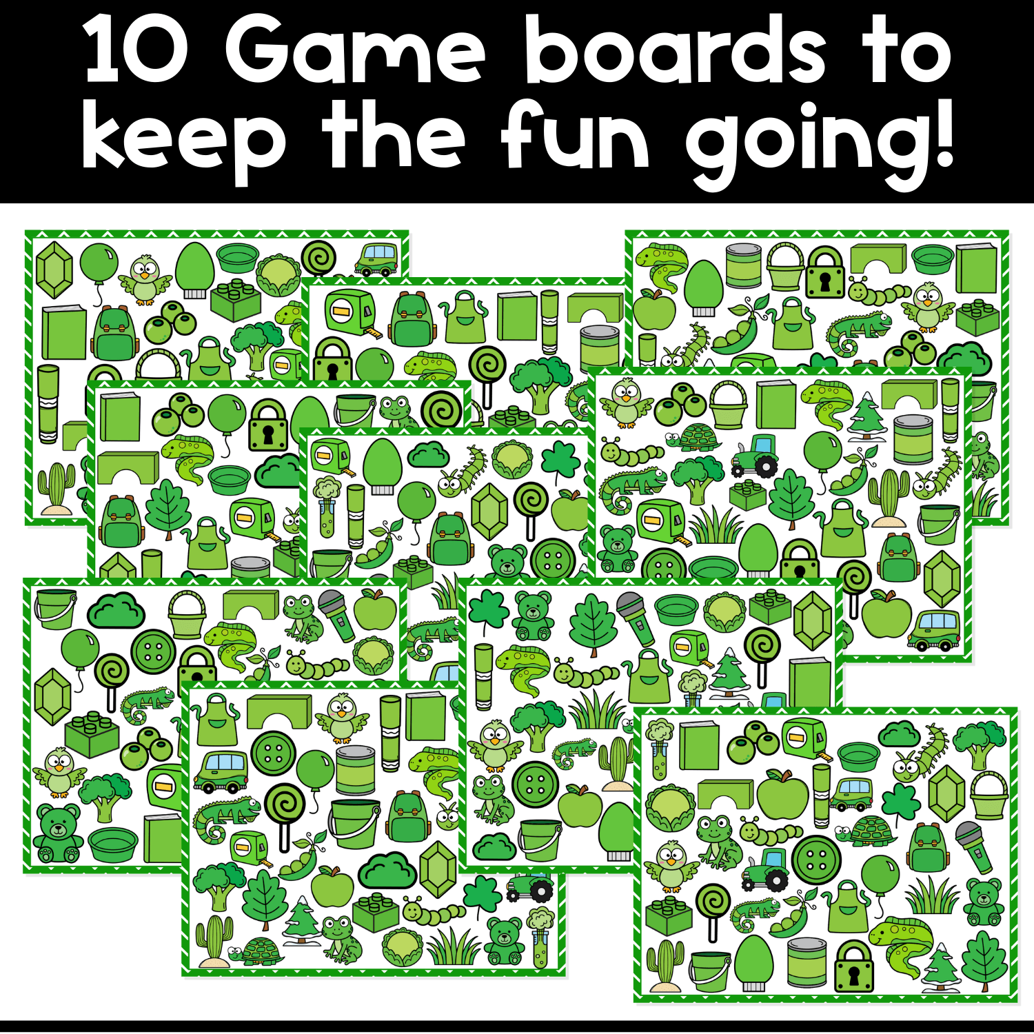 Set of 10 printable green objects I Spy board game boards for preschool and kindergarten, designed for visual scanning, color identification, vocabulary practice, and hands-on game play