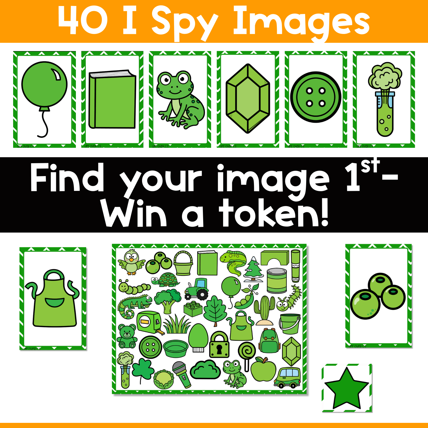Green objects I Spy board game directions image showing 40 picture cards, printable game board, and token game play for visual discrimination, color matching, and fast-paced preschool learning fun