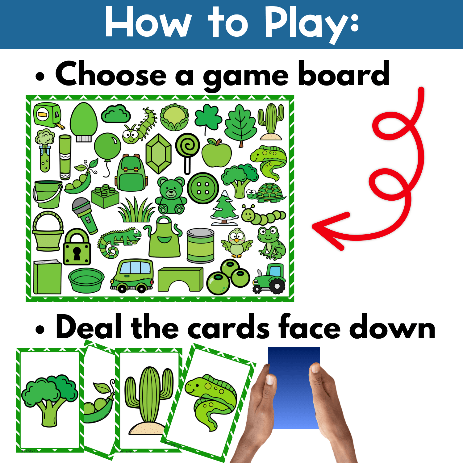 How to play green objects I Spy board game printable with step-by-step setup directions, game board, draw pile cards, and visual scanning practice for preschool and kindergarten color activities