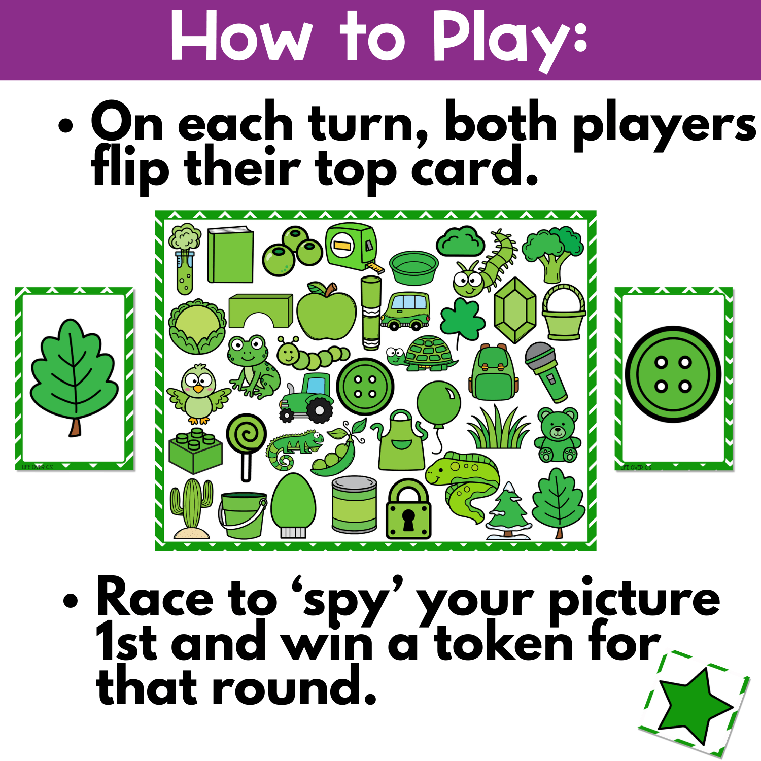How to play green objects I Spy board game image showing both players flip their top card, race to find the matching green object on the game board, and win a token for visual scanning, color recognition, and fast-paced preschool game play