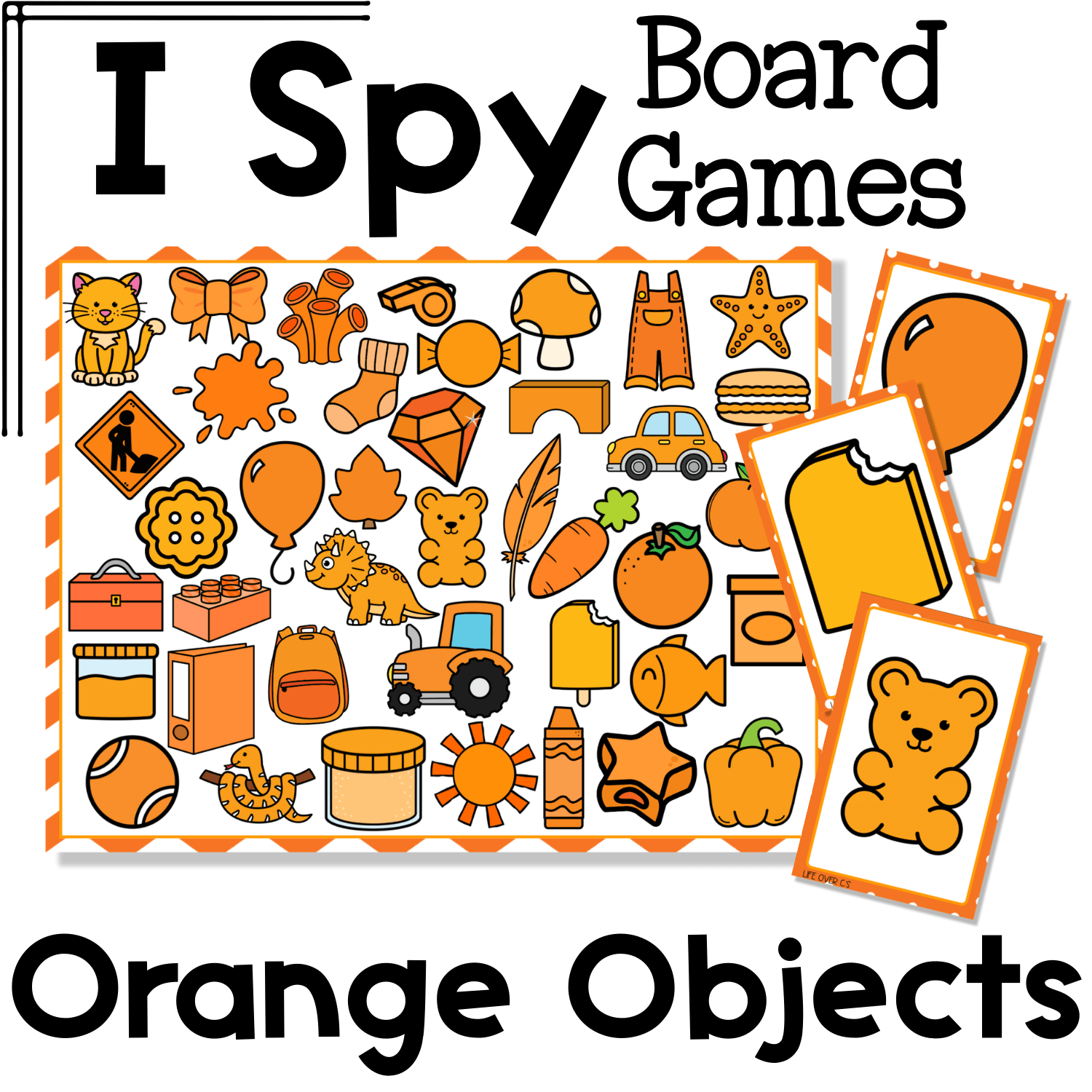 Orange objects I Spy board game cover with printable game board and matching cards featuring orange themed objects like balloon, fish, pumpkin, cat, leaf, and teddy bear for preschool color recognition and visual discrimination