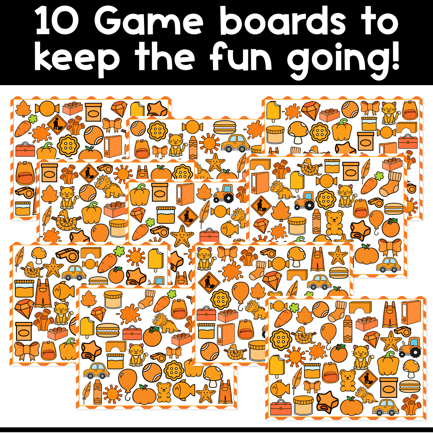 Set of 10 printable orange objects I Spy board game boards for preschool and kindergarten, created for visual scanning, color identification, vocabulary development, and hands-on learning games