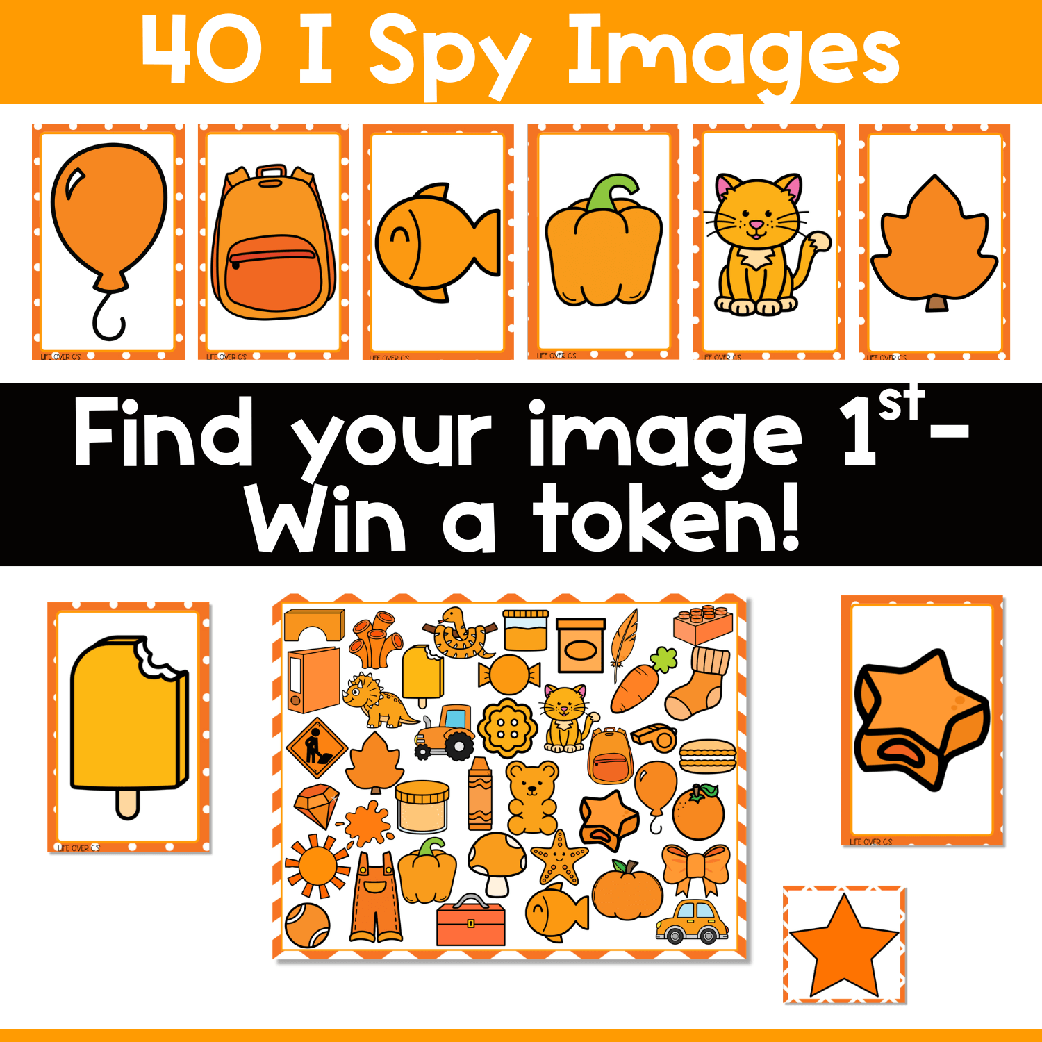 Orange objects I Spy board game directions image showing 40 picture cards, printable game board, and token play for preschool visual discrimination, color matching, and interactive classroom game play