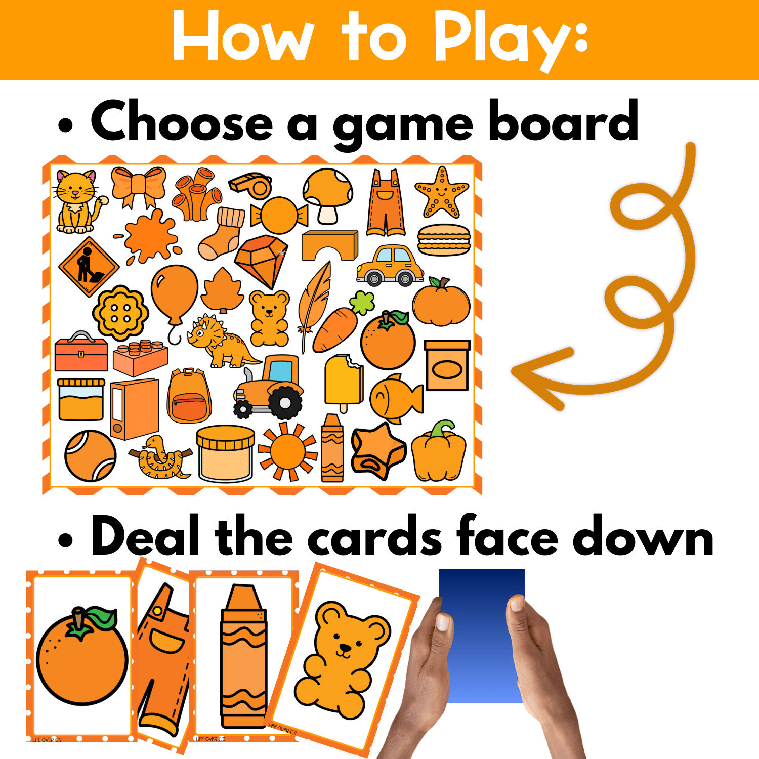 How to play orange objects I Spy board game printable with game board setup, face-down draw pile cards, and step-by-step directions for preschool color identification and visual scanning practice