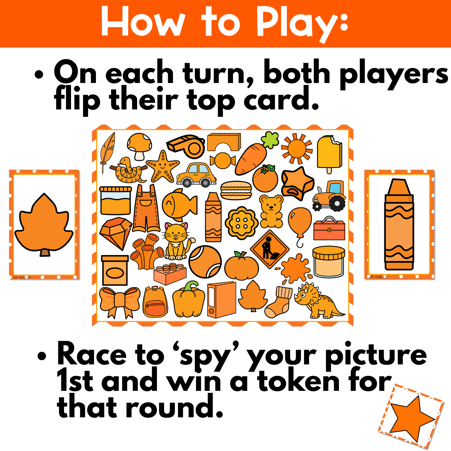 How to play orange objects I Spy board game image showing both players flip their top card, race to spot the matching orange object on the game board, and win a token for visual discrimination, color identification, and interactive preschool learning