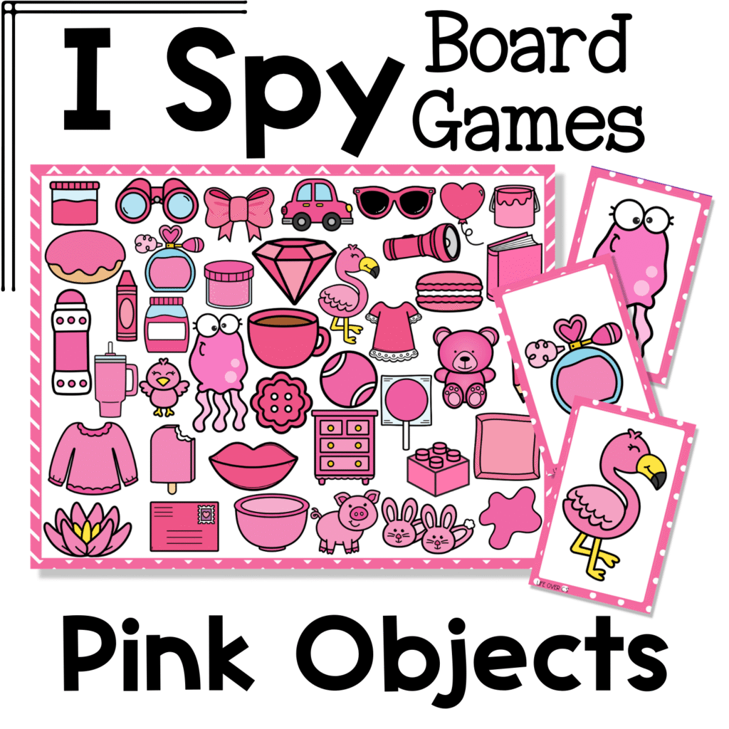 Pink objects I Spy board game cover with printable game board and matching cards featuring pink themed objects like flamingo, teddy bear, perfume bottle, donut, bow, and car for preschool color recognition and visual discrimination