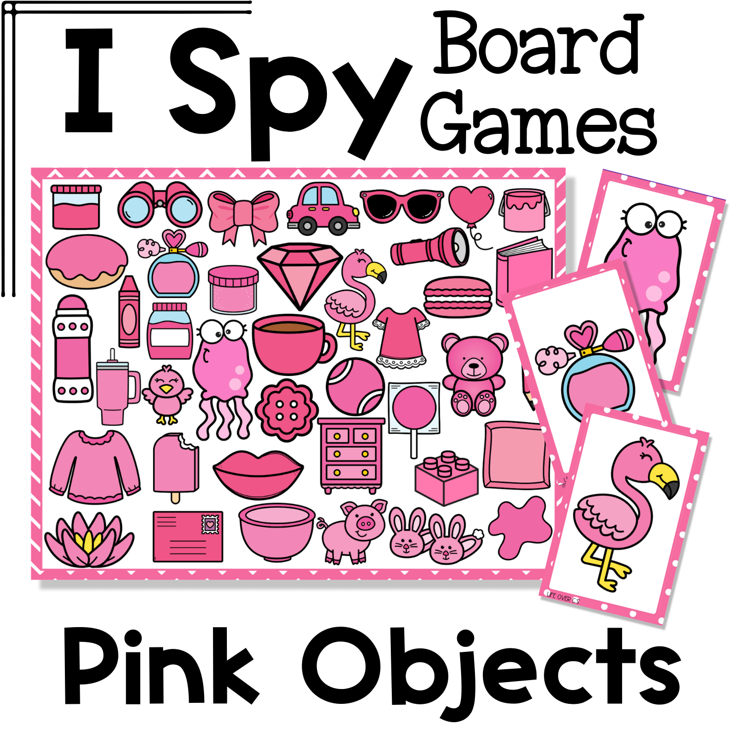 Pink objects I Spy board game cover with printable game board and matching cards featuring pink themed objects like flamingo, teddy bear, perfume bottle, donut, bow, and car for preschool color recognition and visual discrimination
