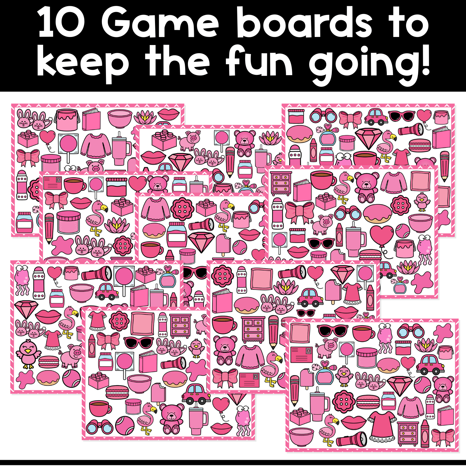 Set of 10 printable pink objects I Spy board game boards for preschool and kindergarten, designed for visual scanning, color identification, vocabulary building, and hands-on game play