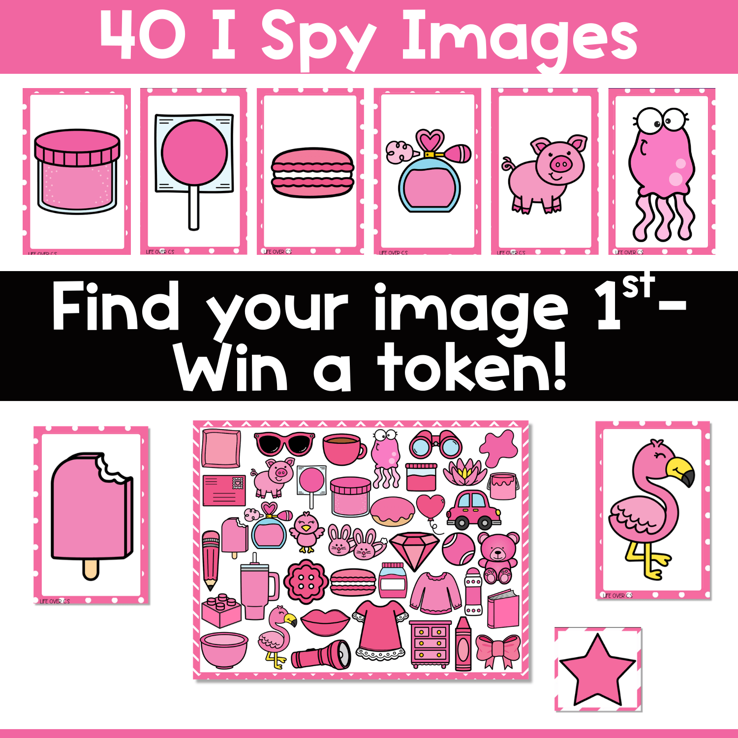 Pink objects I Spy board game directions image showing 40 picture cards, printable game board, and token play where kids find matching pink objects first to build visual discrimination and color matching skills