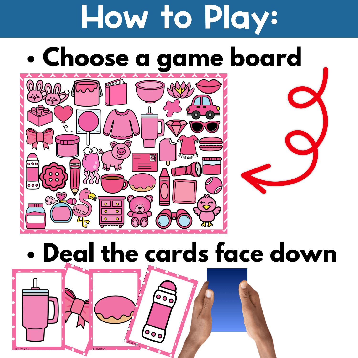 How to play pink objects I Spy board game printable with step-by-step setup directions, game board, face-down draw pile cards, and visual scanning practice for preschool and kindergarten color activities