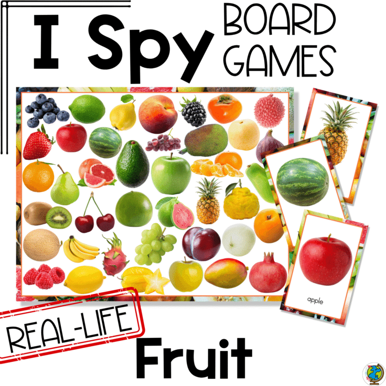 Real photo vegetable I Spy board game for preschool and kindergarten food group vocabulary, featuring colorful vegetable image cards, token cards, and an I Spy game board for visual discrimination practice.