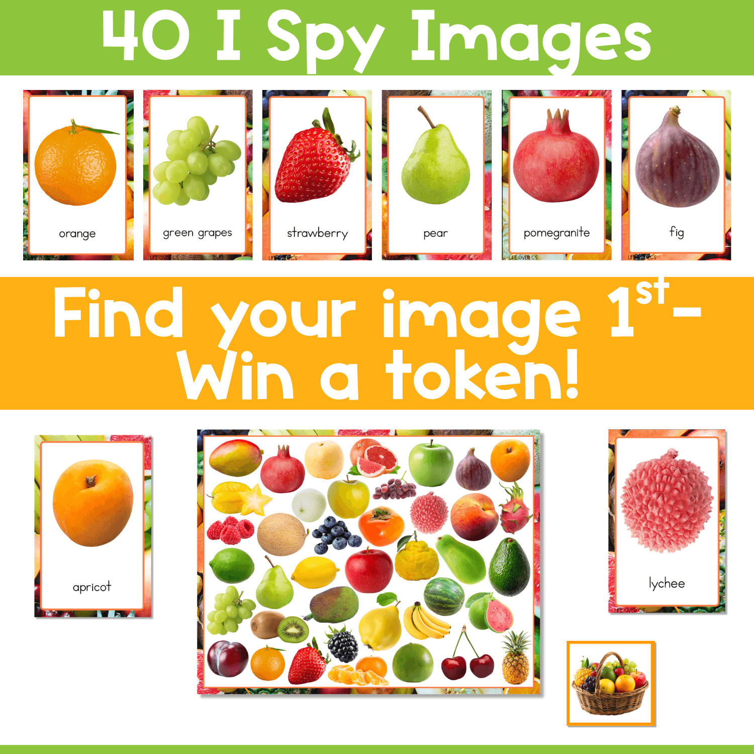 Real photo food groups I Spy game with vegetable image cards, game board, and token card for building vocabulary, matching skills, and visual discrimination in early childhood centers.