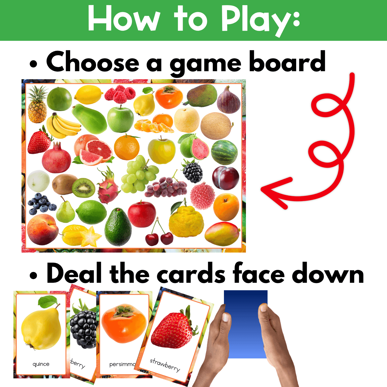 Vegetable I Spy board game setup directions showing students how to choose a real photo game board and prepare vegetable image cards for partner or small group play.