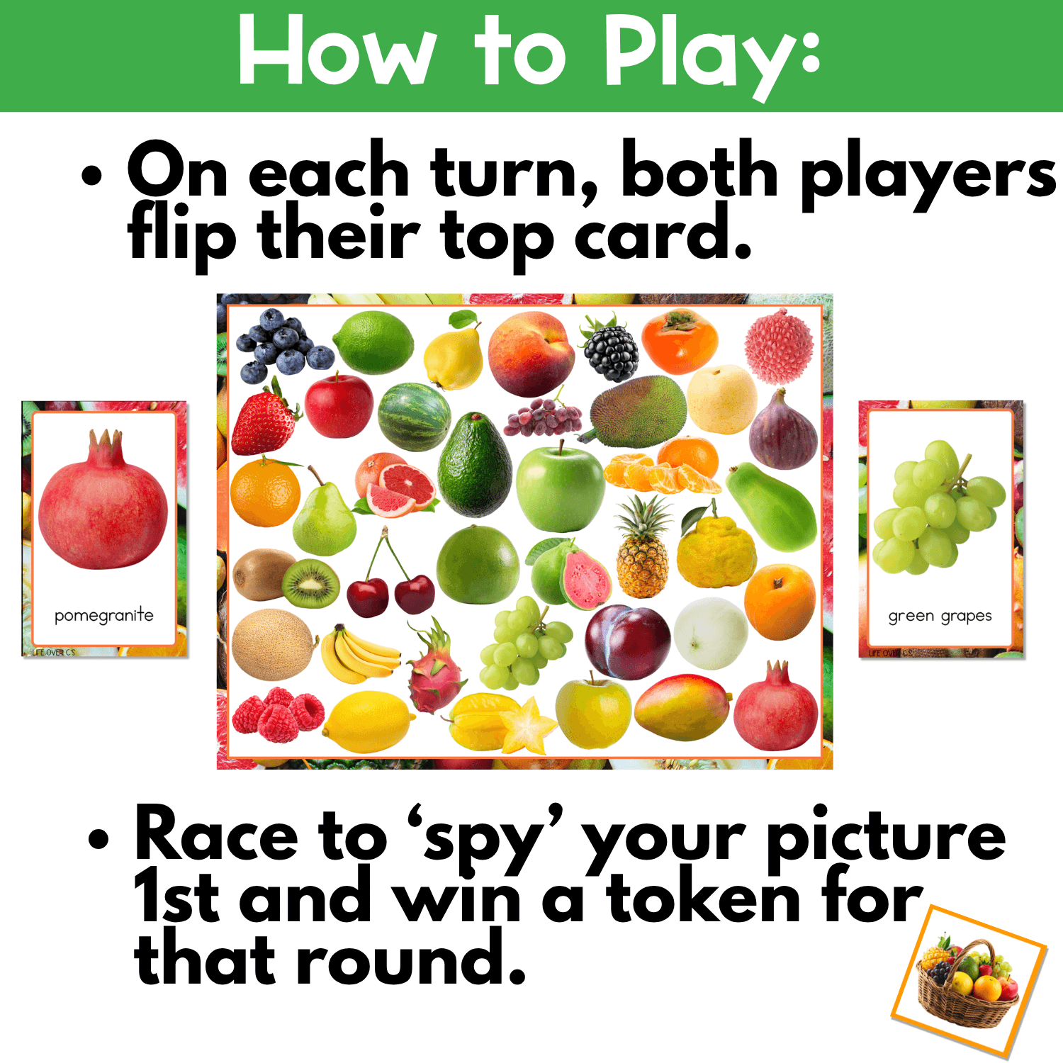How to play real photo vegetable I Spy game with students flipping image cards, finding matching vegetables on the board, and collecting tokens during gameplay.