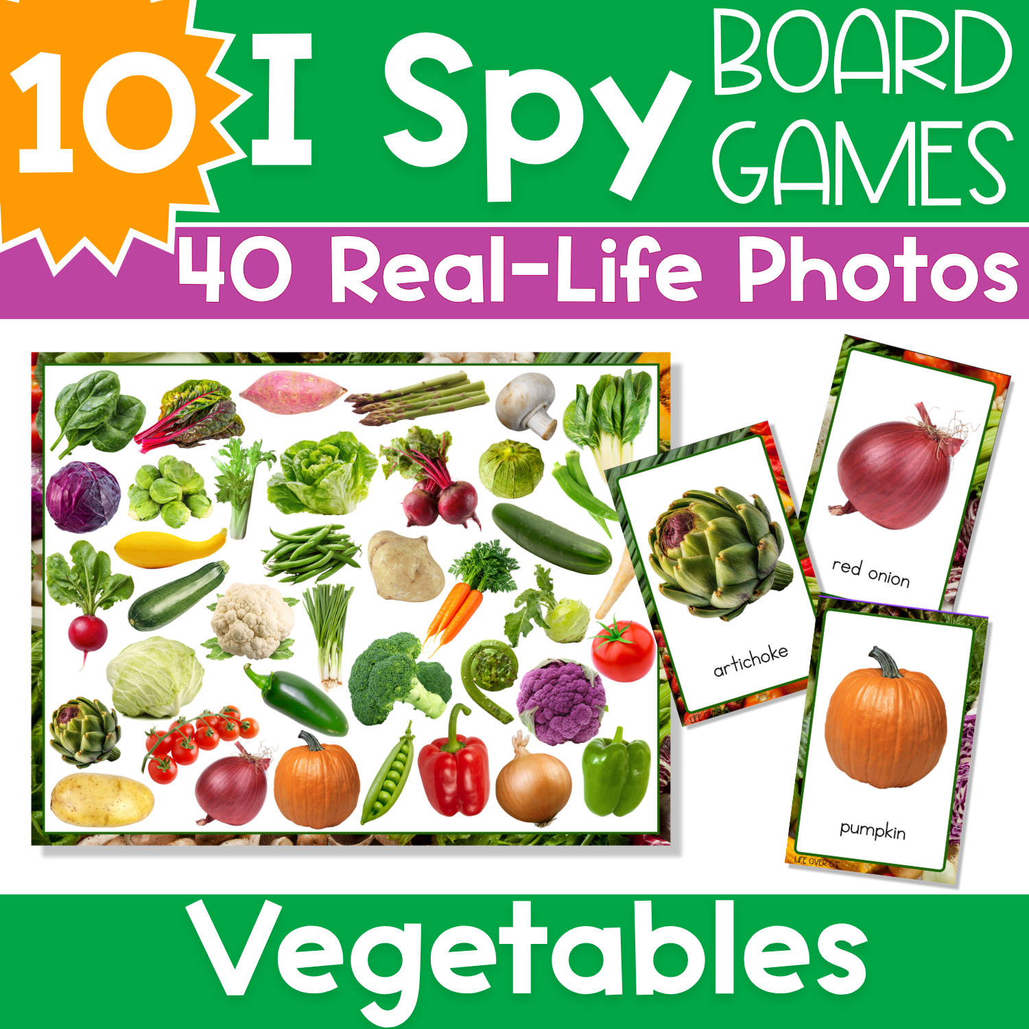 Real photo vegetable I Spy game for preschoolers. 10 I Spy Flip Board Games for vegetable theme