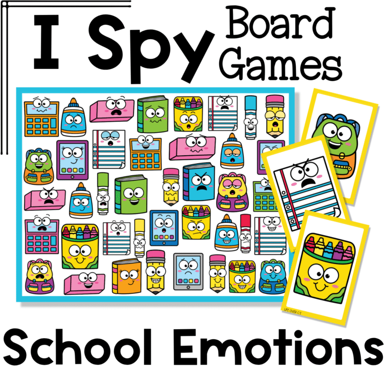 School supply emotions I Spy board game cover featuring expressive school supplies like pencils, calculators, glue bottles, notebooks, tablets, backpacks, crayons, and erasers for emotion recognition, emotion identification, and back to school social emotional learning