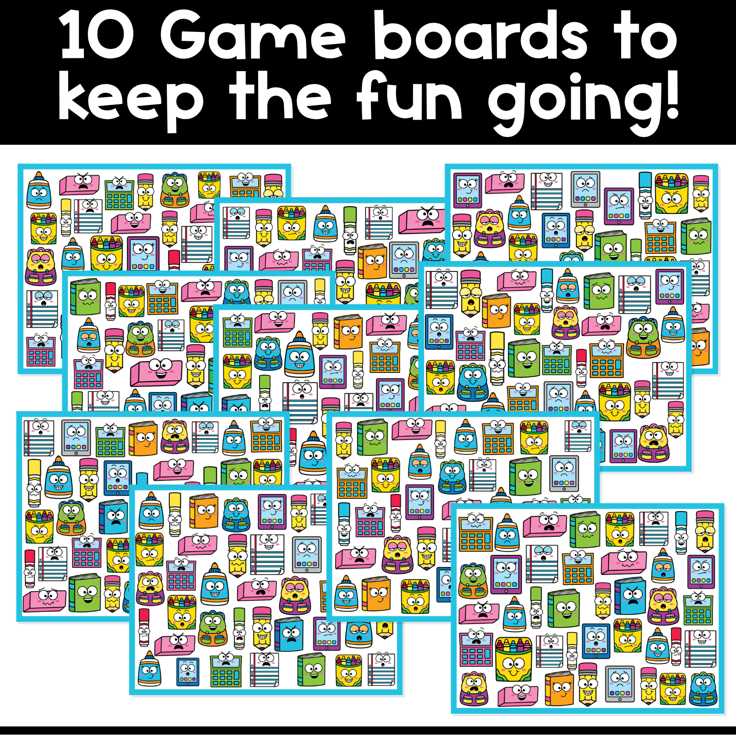 Set of 10 printable school supply emotions I Spy board game boards for preschool and kindergarten, designed for emotion recognition, facial expression matching, visual scanning, and back to school social emotional learning