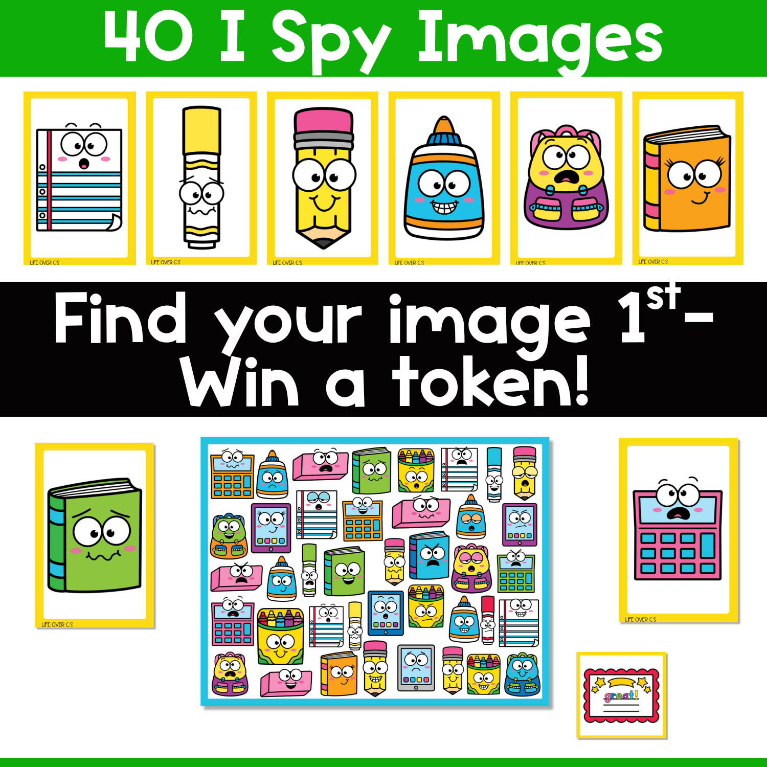 School supply emotions I Spy board game directions image showing 40 emotion picture cards, expressive school supplies, game board, and token play for emotion identification, visual discrimination, and social emotional learning practice