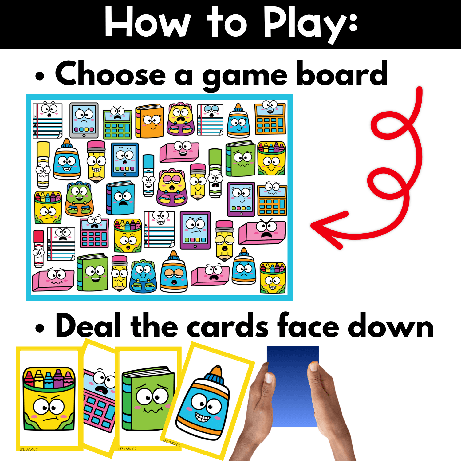 How to play school supply emotions I Spy board game printable with step-by-step directions, game board setup, and face-down draw pile cards for preschool emotion recognition, back to school activities, and social emotional learning