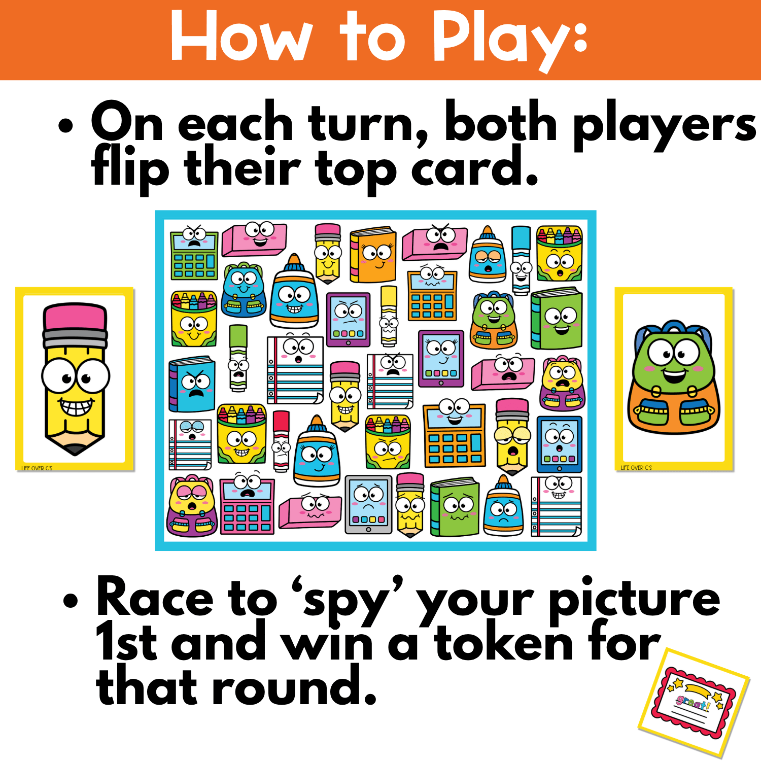 How to play school supply emotions I Spy board game image showing both players flip their top card, race to find the matching school supply emotion face, and win a token for emotion identification and interactive social emotional learning practice