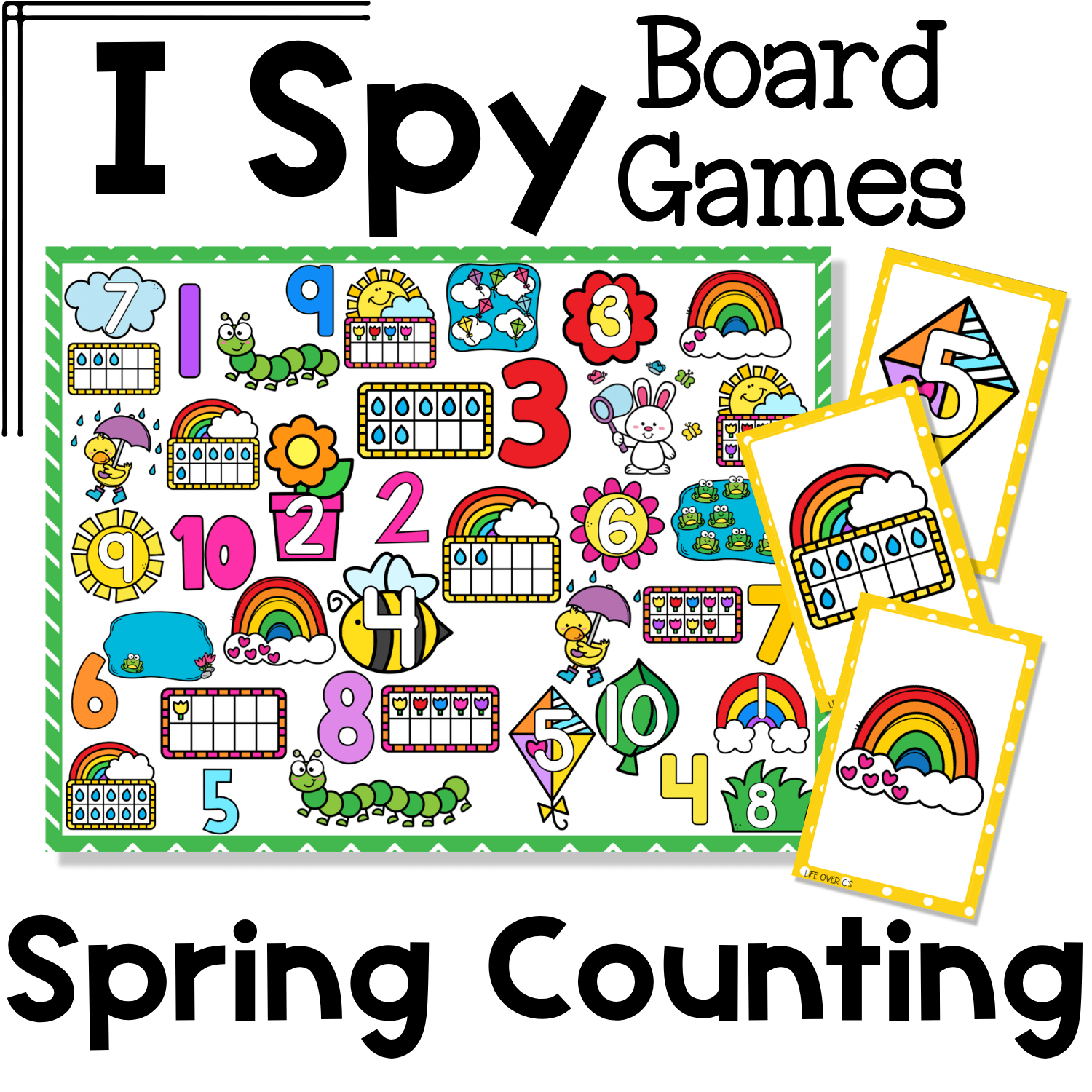 Spring counting I Spy board game cover featuring numbers 1 to 10 with colorful spring images like rainbows, caterpillars, flowers, frogs, puddles, bees, rabbits, kites, and ten frame cards for preschool counting, number recognition, and visual discrimination