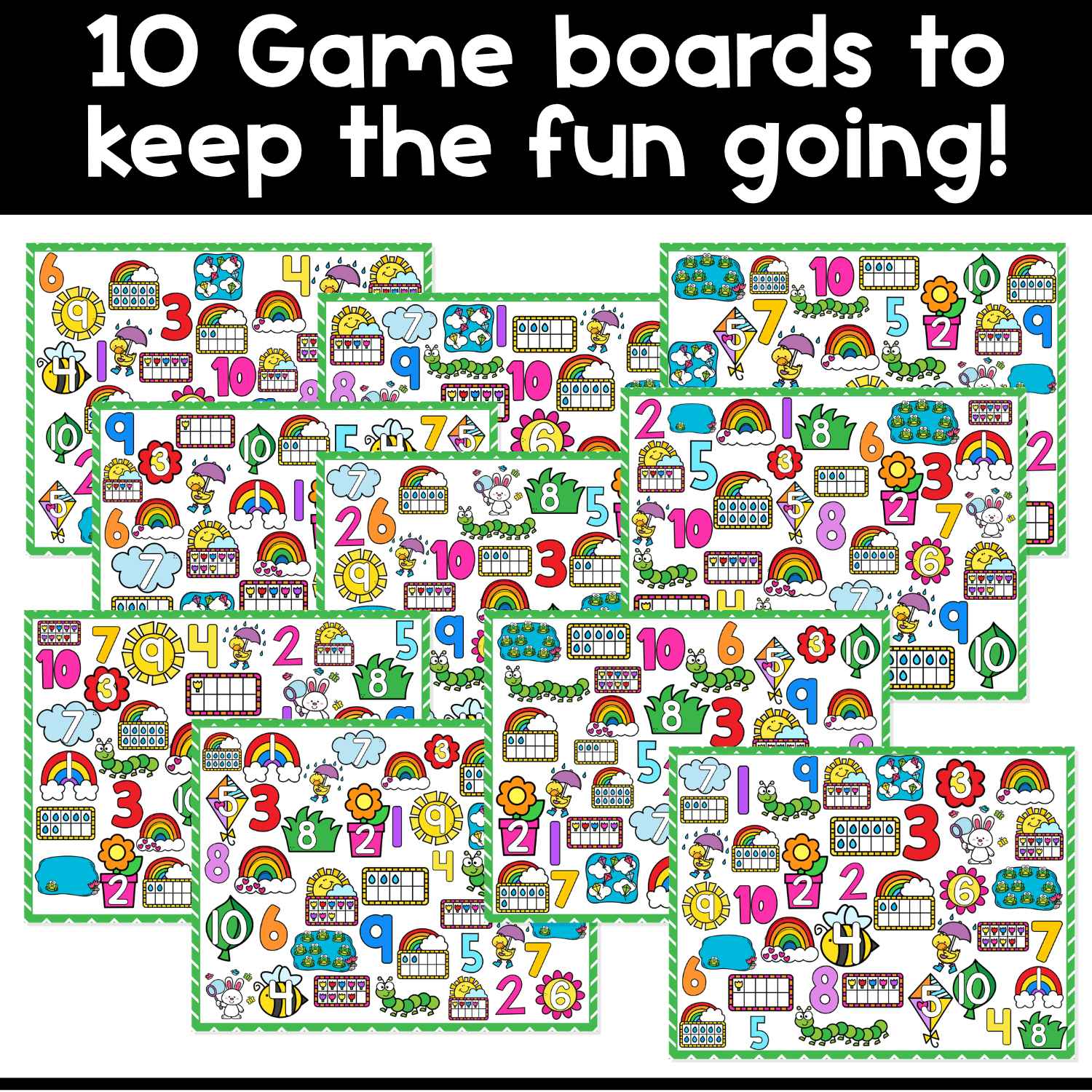 Set of 10 printable spring counting I Spy board game boards for preschool and kindergarten, filled with numbers, ten frames, rainbows, flowers, frogs, puddles, and other spring math images for counting practice and visual scanning