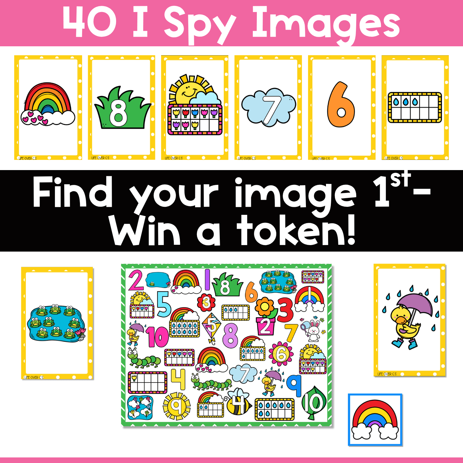 Spring counting I Spy directions image showing 40 picture cards, a spring number game board, and token play with rainbows, grass, ten frames, puddles, and rainy day spring pictures for counting and number recognition practice