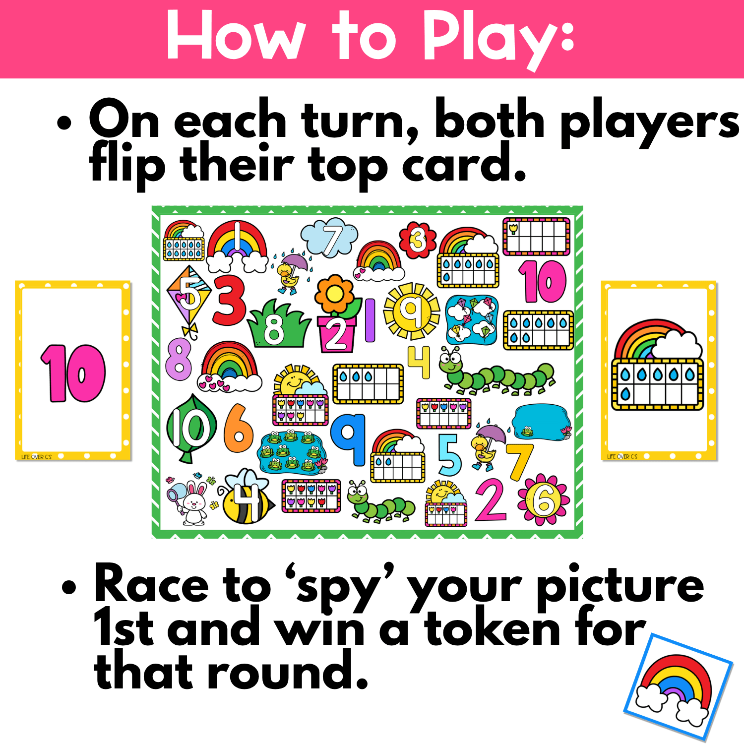 How to play spring counting I Spy board game image showing both players flip their top cards, race to find the matching spring counting picture, and win a token for hands on number recognition and counting practice