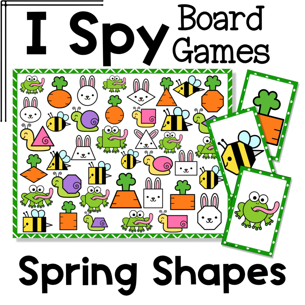 Spring shapes I Spy board game cover featuring spring themed shape pictures like frogs, bees, carrots, snails, and bunny faces for shape recognition, visual discrimination, and spring math fun in preschool and kindergarten