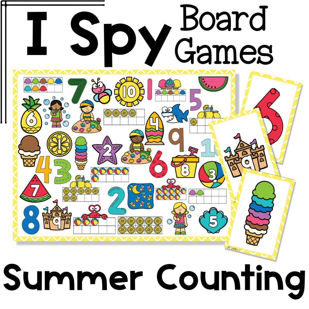 Summer counting I Spy board game cover featuring numbers 1 to 10 with bright summer images like watermelon, ice cream, beach balls, sand castles, sharks, lemons, seashell kids, and ten frames for preschool counting, number recognition, and visual discrimination practice