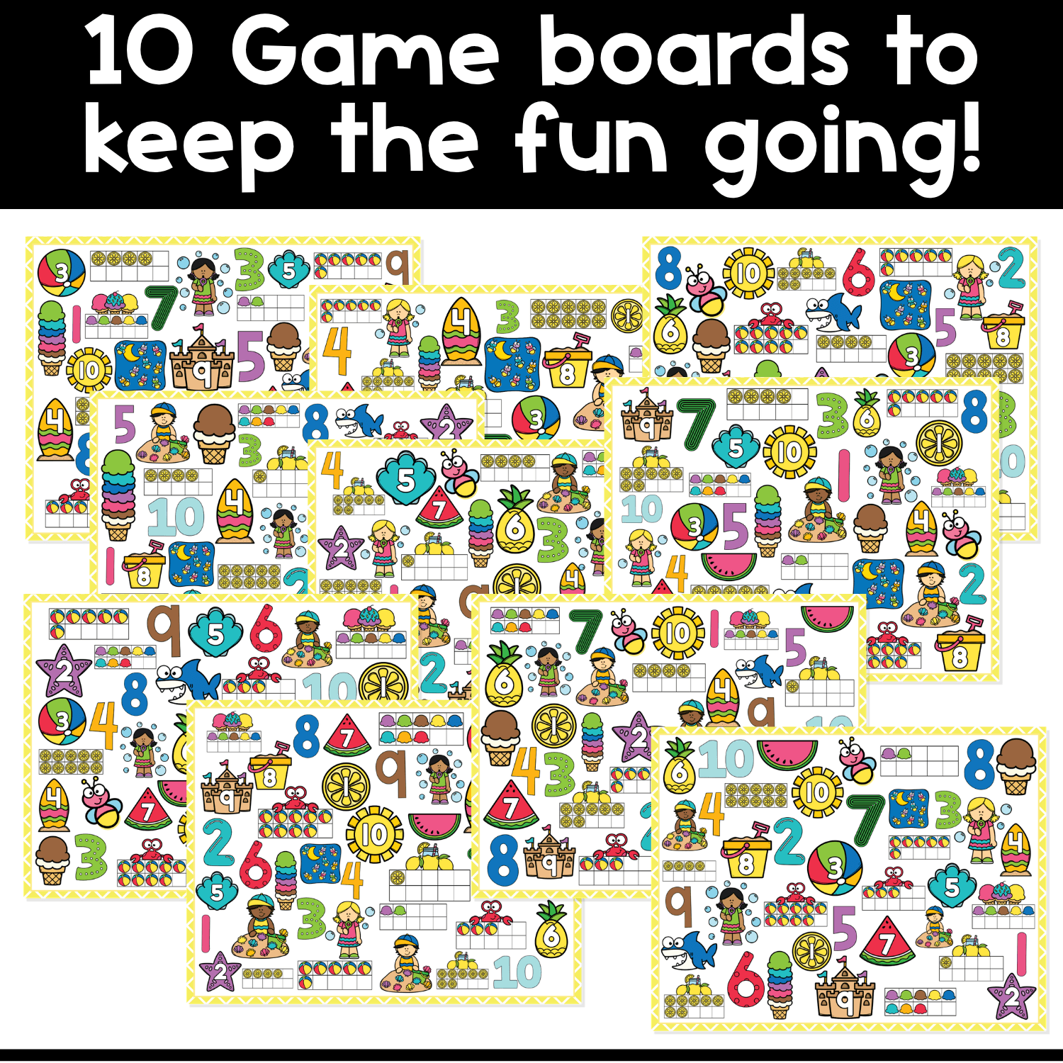 Set of 10 printable summer counting I Spy board game boards filled with numbers, ten frames, beach and ocean images, watermelon, sharks, ice cream cones, lemons, and sand play pictures for preschool math centers and counting fun