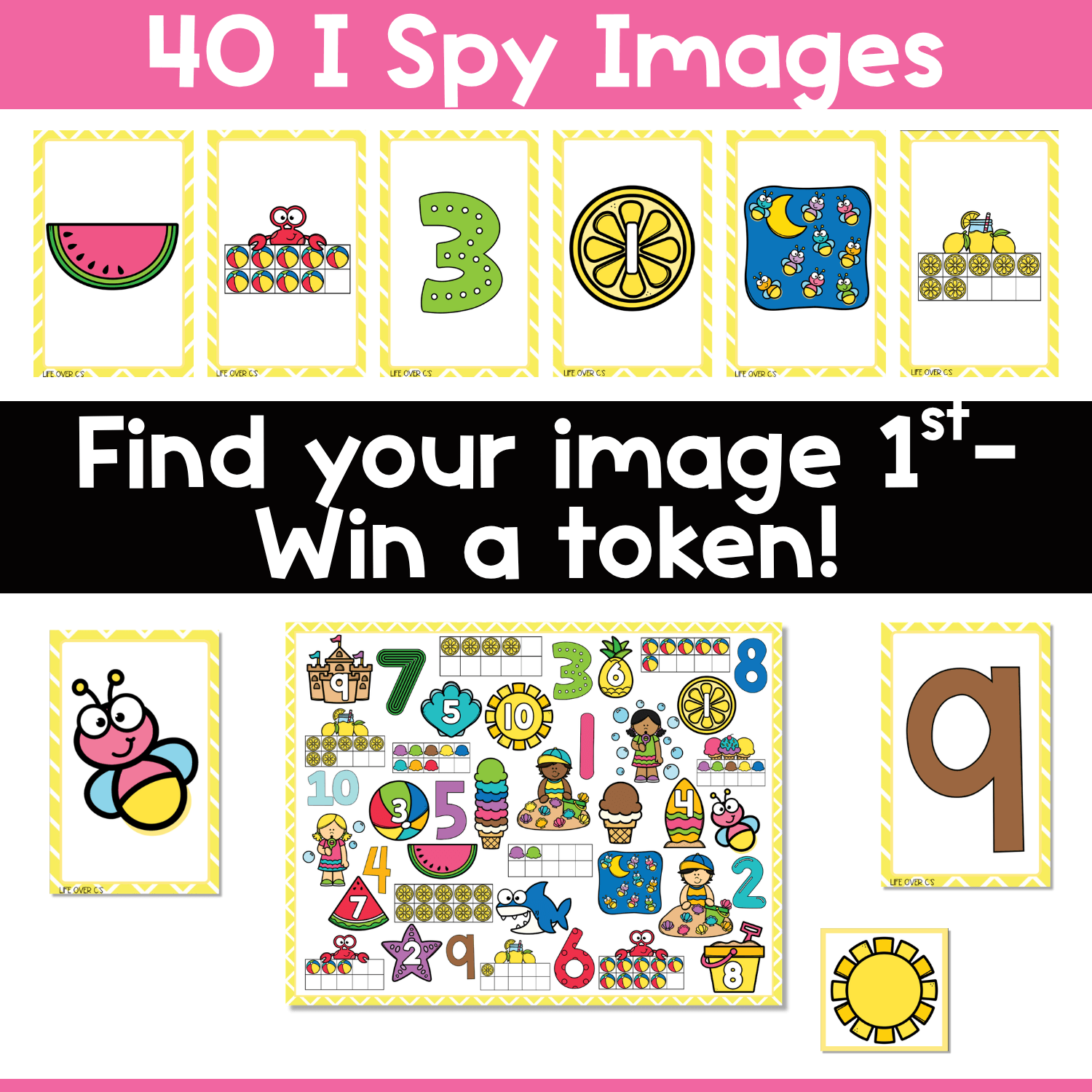 Summer counting I Spy directions image showing 40 picture cards, a summer number game board, and token play with watermelon, crabs, beach balls, lemons, sunshine, and ten frame cards for counting, visual scanning, and number recognition practice