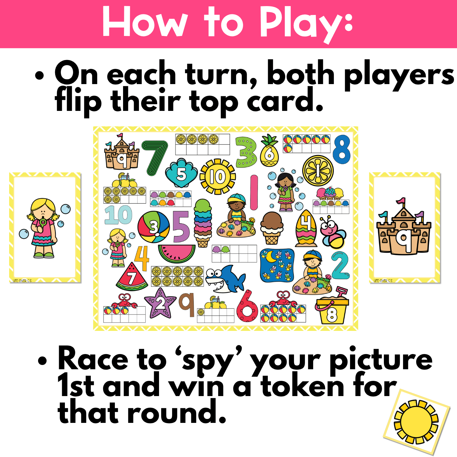 How to play summer counting I Spy board game image showing both players flip their top cards, race to find the matching summer counting picture, and win a token for hands on number recognition, counting practice, and visual scanning fun