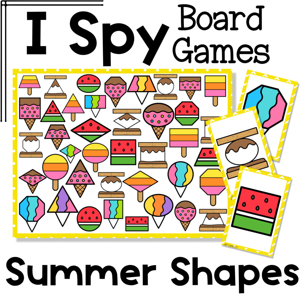 Summer Shapes I Spy Flip Board Game cover featuring bright summer shape pictures like popsicles, ice cream cones, watermelon slices, and beachy treats for preschool and kindergarten shape recognition fun.