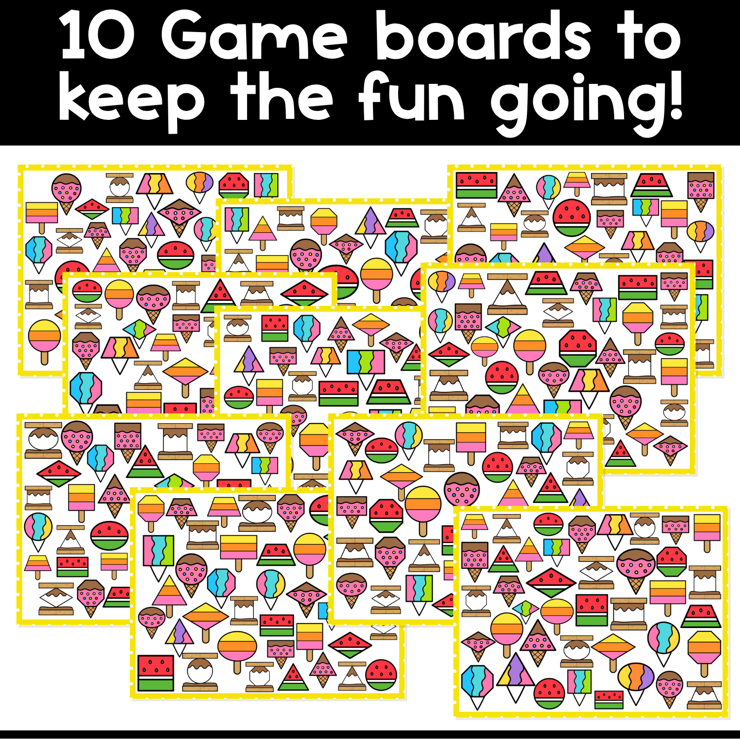Preview of 10 Summer Shapes I Spy game boards packed with colorful popsicles, watermelon, ice cream, and summer-themed shapes for hands-on visual discrimination and shape matching practice.