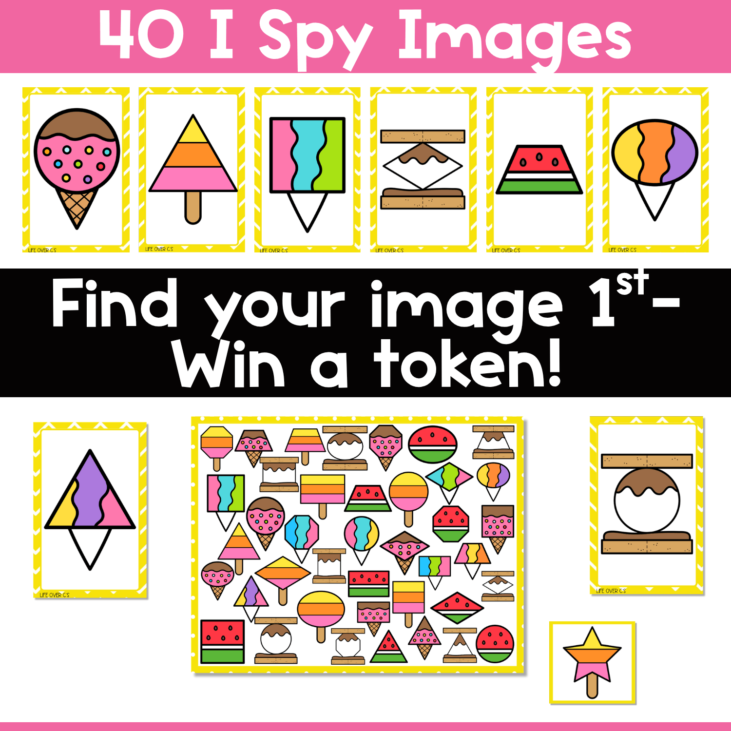 Summer Shapes I Spy card preview showing 40 summer-themed shape cards with ice cream, popsicles, watermelon, and frozen treats for visual scanning, matching, and shape recognition games.