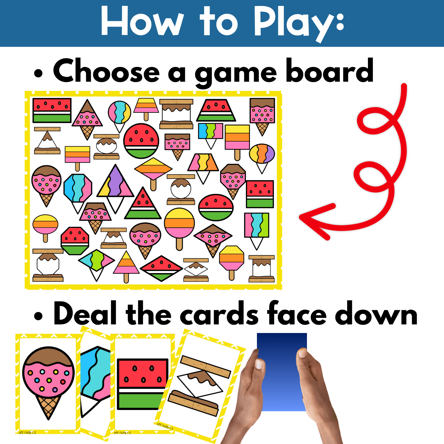 How to play the Summer Shapes I Spy Flip Board Game by choosing a game board and dealing summer shape cards face down for an engaging preschool and kindergarten math center activity.