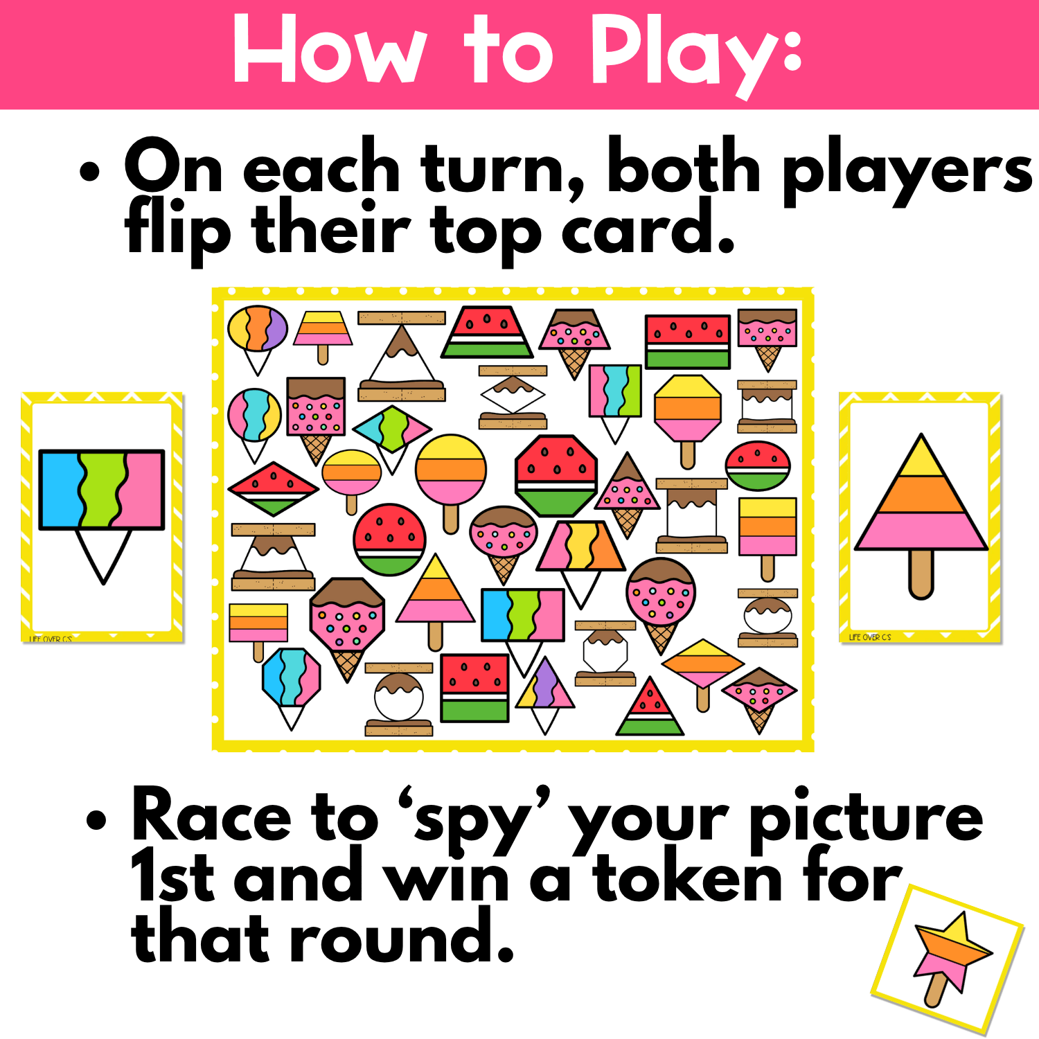 Summer Shapes I Spy Flip Board Game gameplay preview with players racing to find matching summer shape pictures like popsicles, watermelon slices, and ice cream treats to win the round.