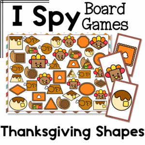 Thanksgiving shapes I Spy board game cover featuring colorful turkey faces, pumpkin pie slices, roast turkey, cornucopias, pies, and fall food clip art in different 2D shapes for preschool and kindergarten shape recognition, visual discrimination, and hands on math game play