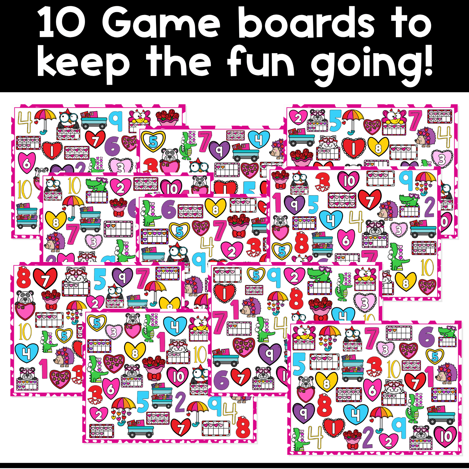 Preview of 10 Valentine Counting I Spy Flip Board Game boards packed with numbers, hearts, Valentine math pictures, ten frames, and bright pink counting fun for preschool math centers and kindergarten number recognition practice.