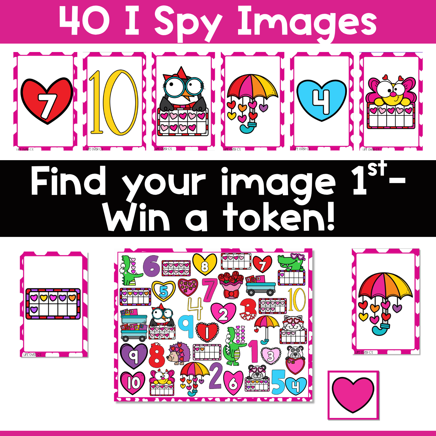 Valentine Counting I Spy Flip Board Game card preview showing 40 I Spy images with numbers, hearts, umbrellas, animals, roses, candy wagons, and Valentine ten frames for counting to 10, visual discrimination, and number recognition.