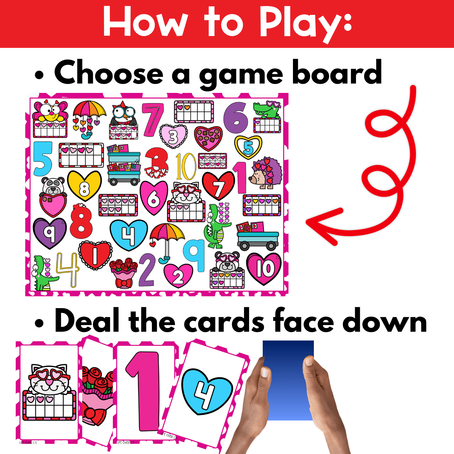 How to play Valentine Counting I Spy Flip Board Game directions page showing a Valentine-themed math board, cards dealt face down, and easy setup for a hands-on counting and number recognition activity.