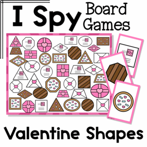 Valentine shapes I Spy Flip Board Game cover featuring hearts, envelopes, stamped letters, cookies, and sweet shape-themed pictures for preschool and kindergarten visual discrimination practice.