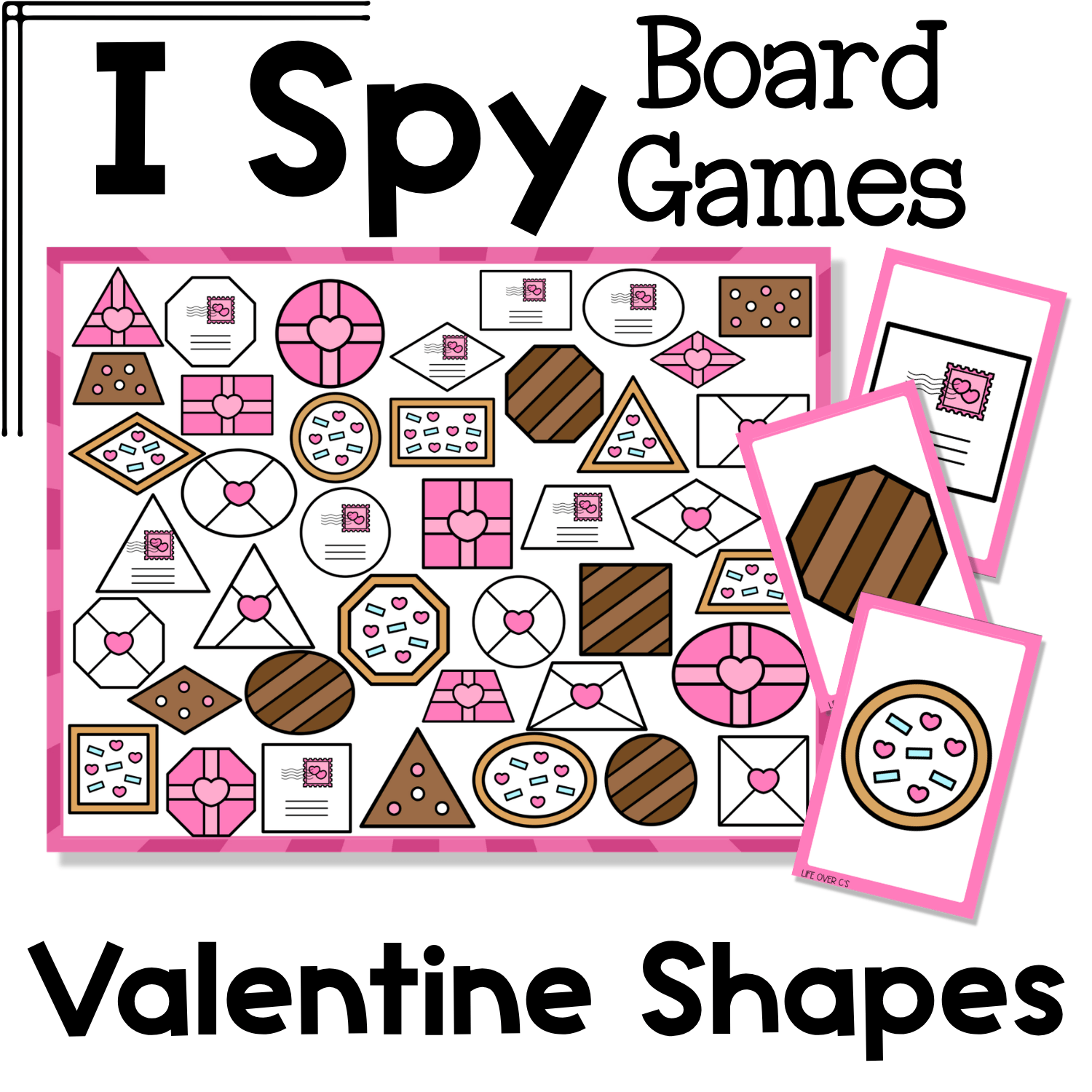 Valentine shapes I Spy Flip Board Game cover featuring hearts, envelopes, stamped letters, cookies, and sweet shape-themed pictures for preschool and kindergarten visual discrimination practice.
