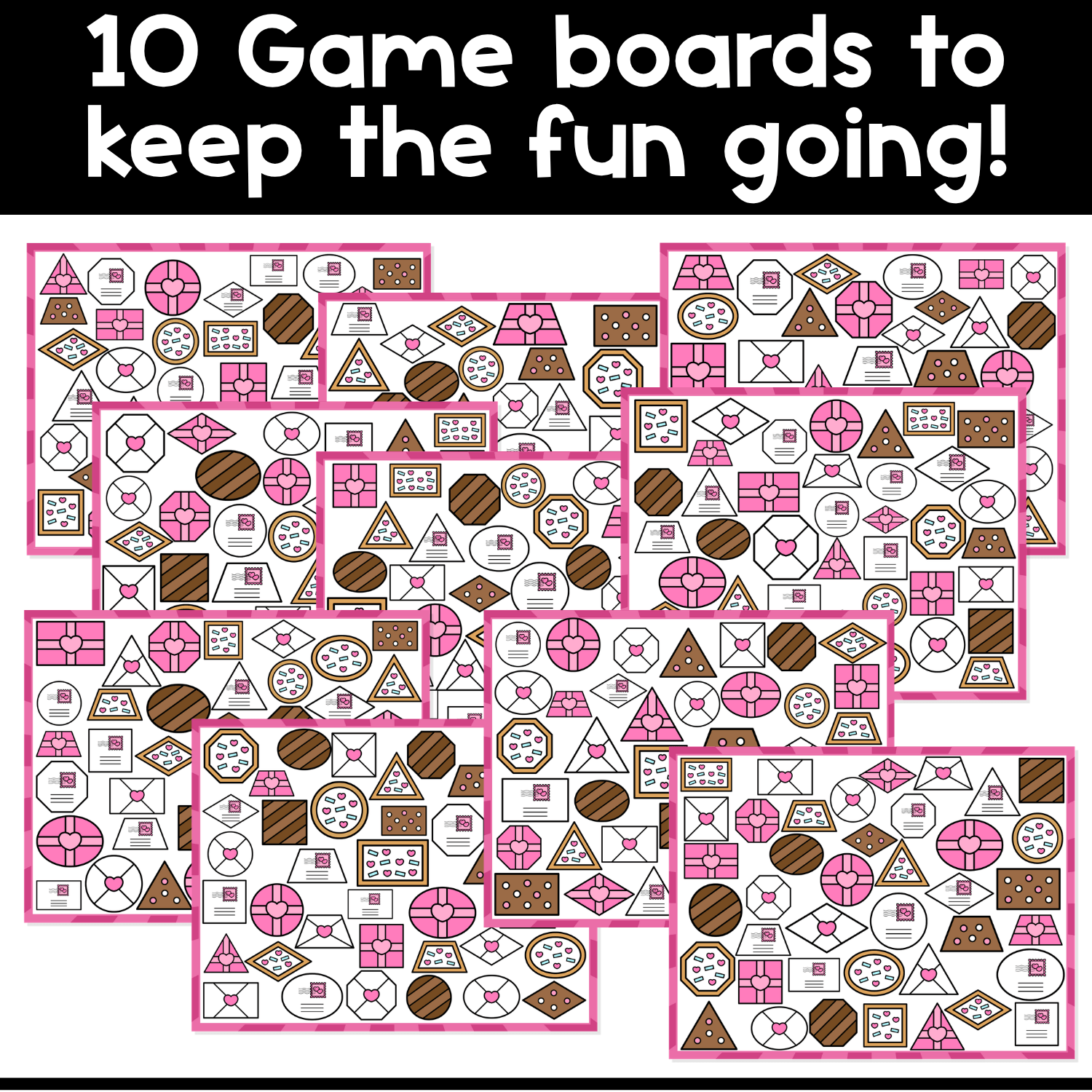 Preview of 10 Valentine Shapes I Spy game boards filled with love letters, heart cookies, envelopes, and valentine treats for shape recognition and hands-on math center fun.