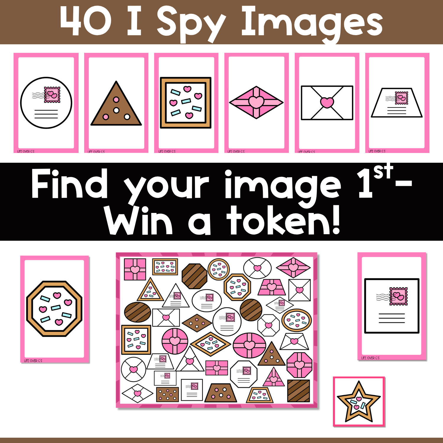 Valentine Shapes I Spy image card preview showing 40 shape cards with envelopes, stamped letters, cookies, and heart-themed pictures for visual scanning and shape matching activities.
