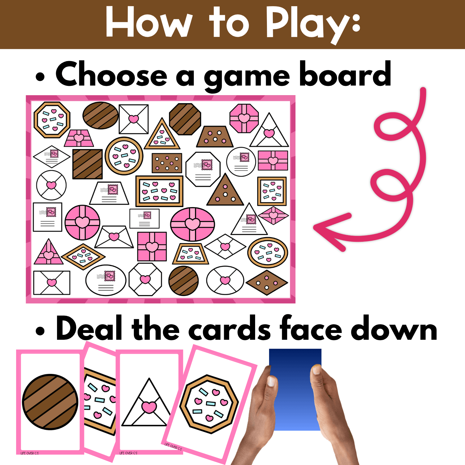 How to play the Valentine Shapes I Spy Flip Board Game by choosing a game board and dealing the cards face down for an engaging Valentine shape recognition game.