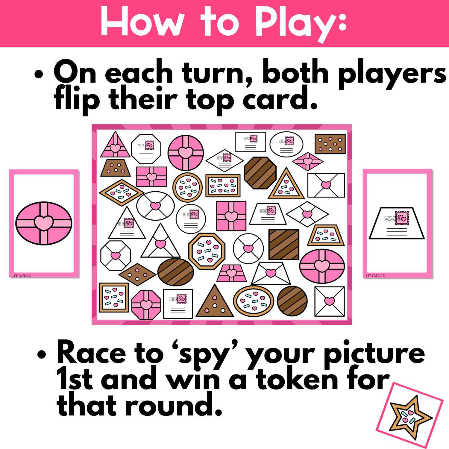 Valentine Shapes I Spy Flip Board Game in action with players racing to find matching shape pictures like envelopes, cookies, and heart mail for fun visual discrimination practice.