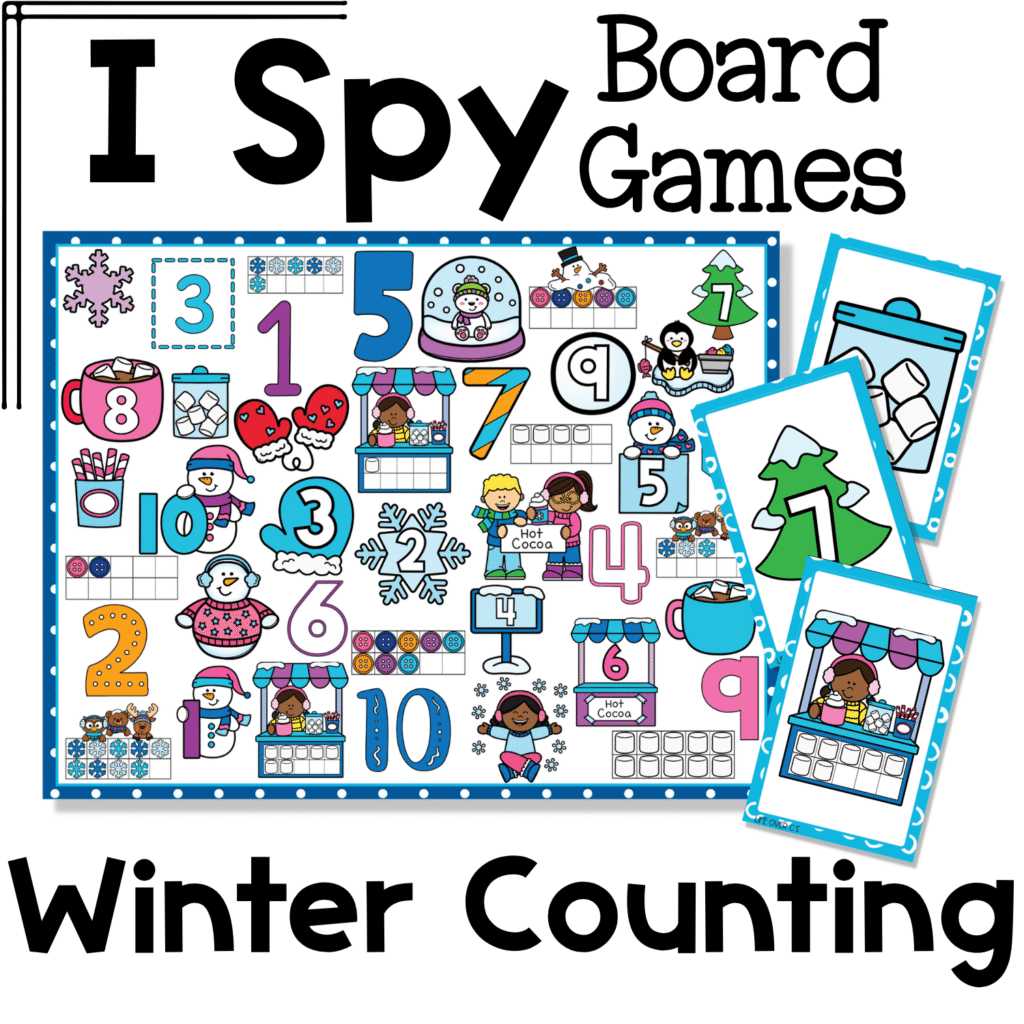 Colorful Winter Counting I Spy Flip Board Game cover featuring numbers 1 to 10, snowmen, penguins, snowflakes, hot cocoa, winter counting sets, and matching image cards for preschool and kindergarten math games.